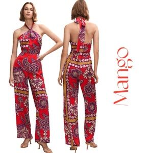 Mango Red and Purple Floral Jumpsuit Sz S NWT